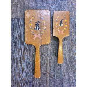 Vintage Prophylactic Wood Vanity Set Hand Mirror & Hair Brush Folk Art Lady USA